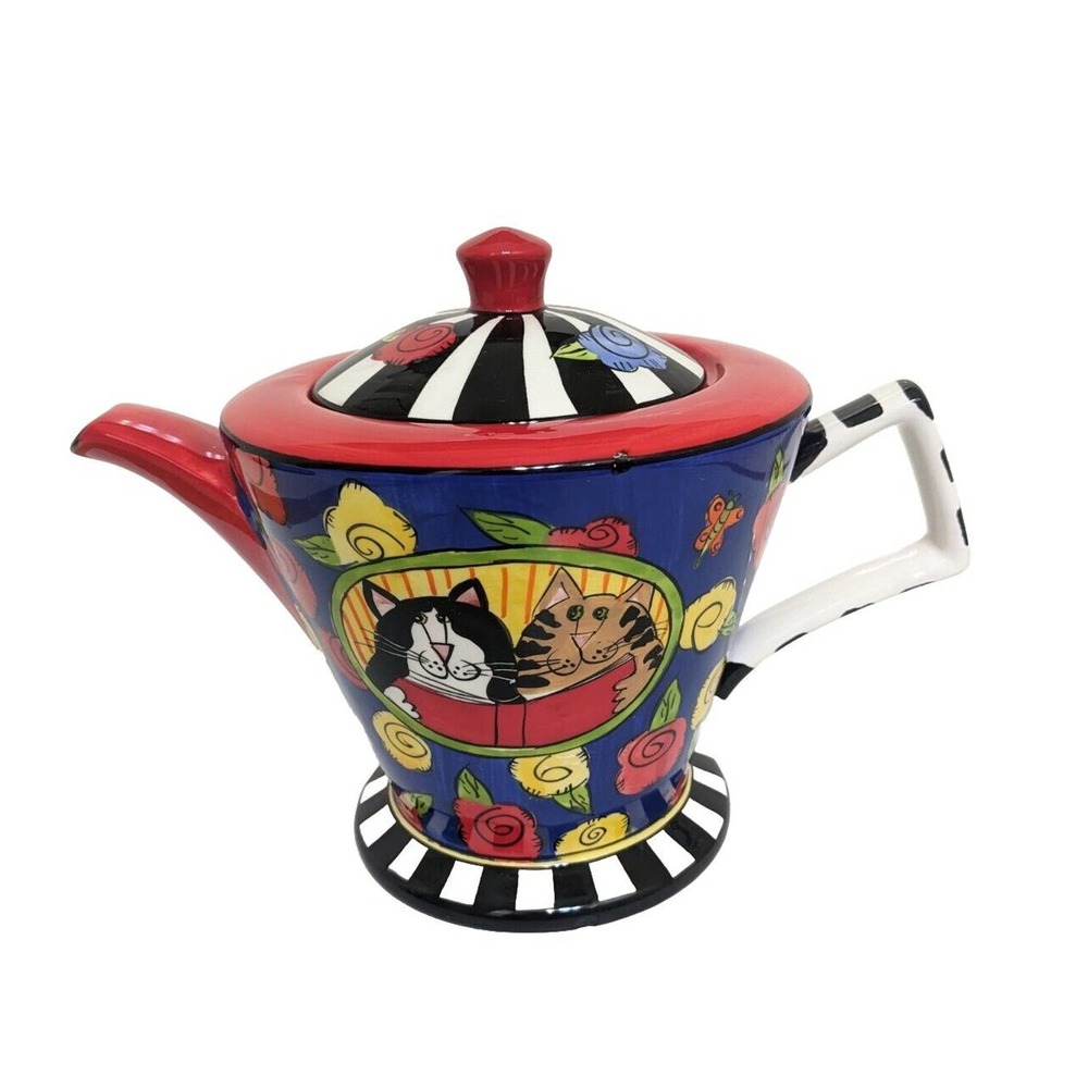 Catzilla Candace Reiter Cats Reading Red & Yellow Roses Stripes Large Teapot